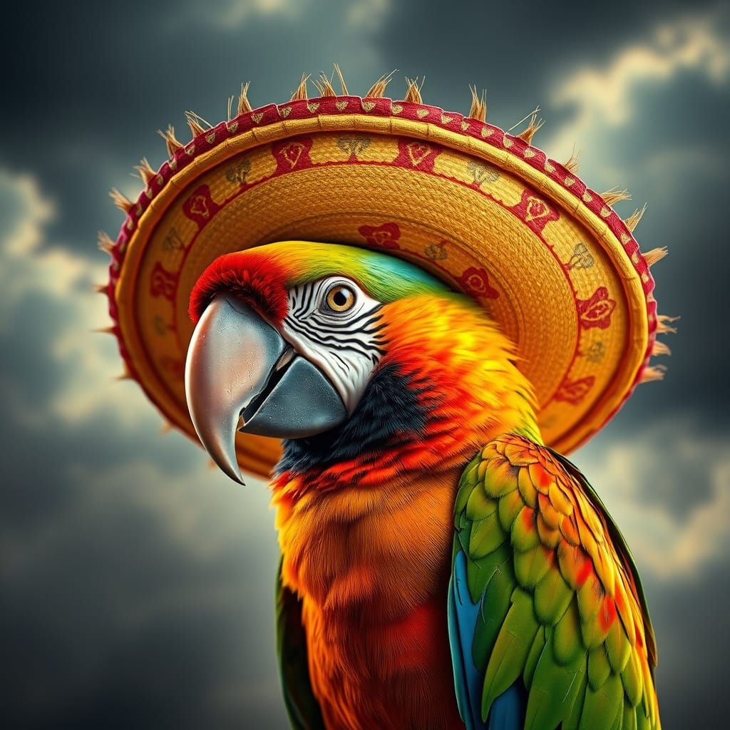 Parrot in Sombrero: Hyperrealistic HDR Sci-Fi Art