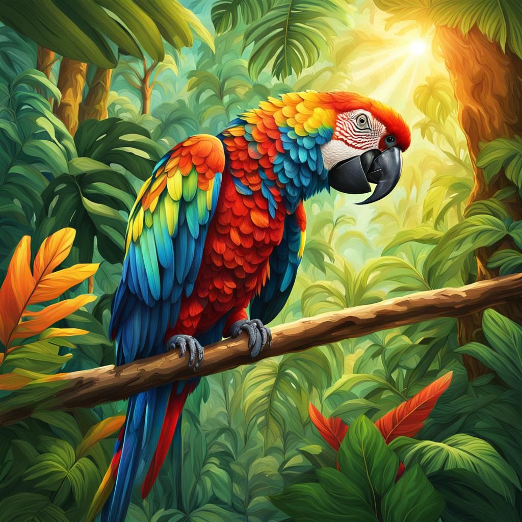 Vibrant Parrot in Lush Rainforest Illustration