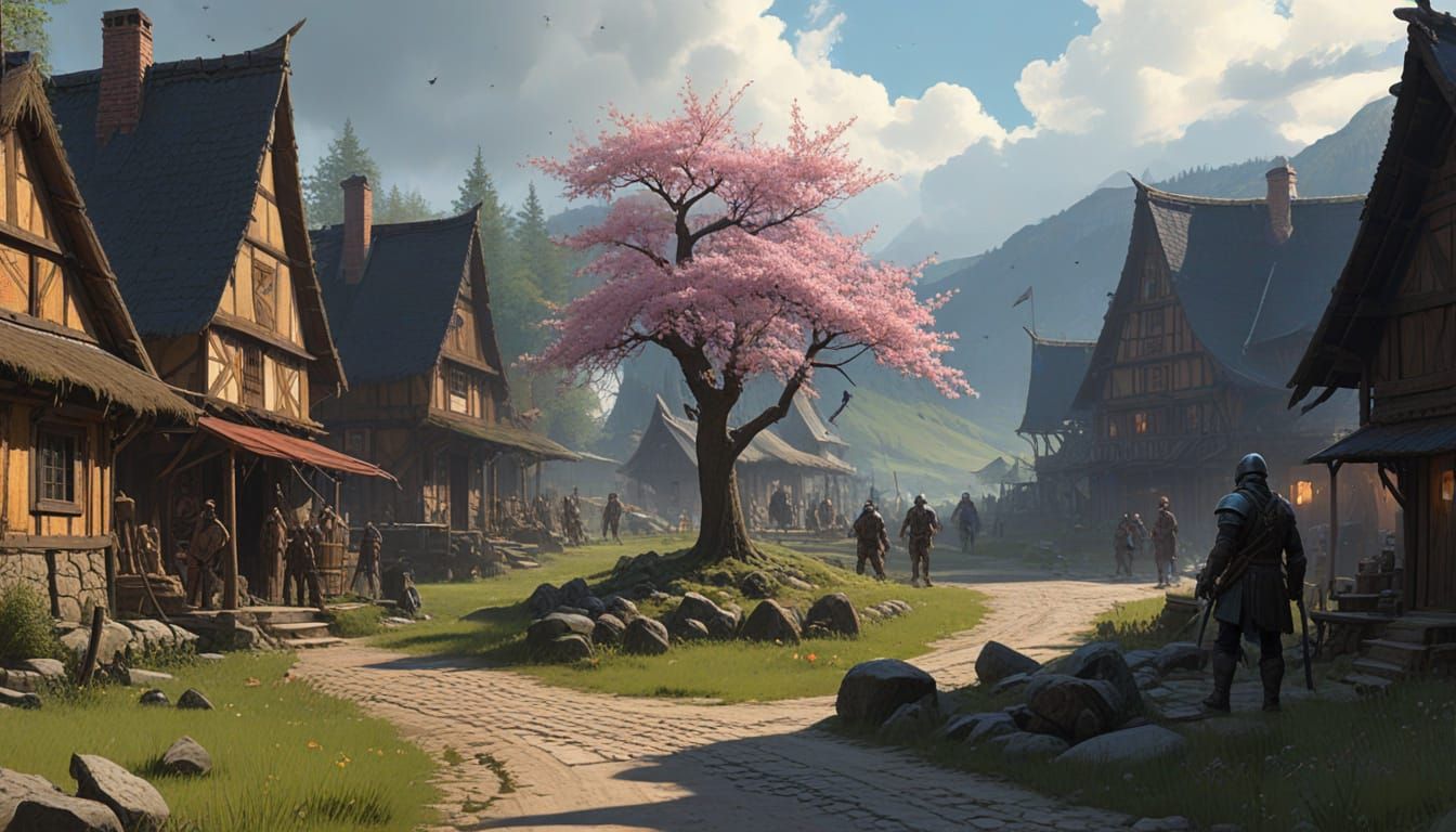 Medieval Village Under Siege by Dark Forces in Late Spring