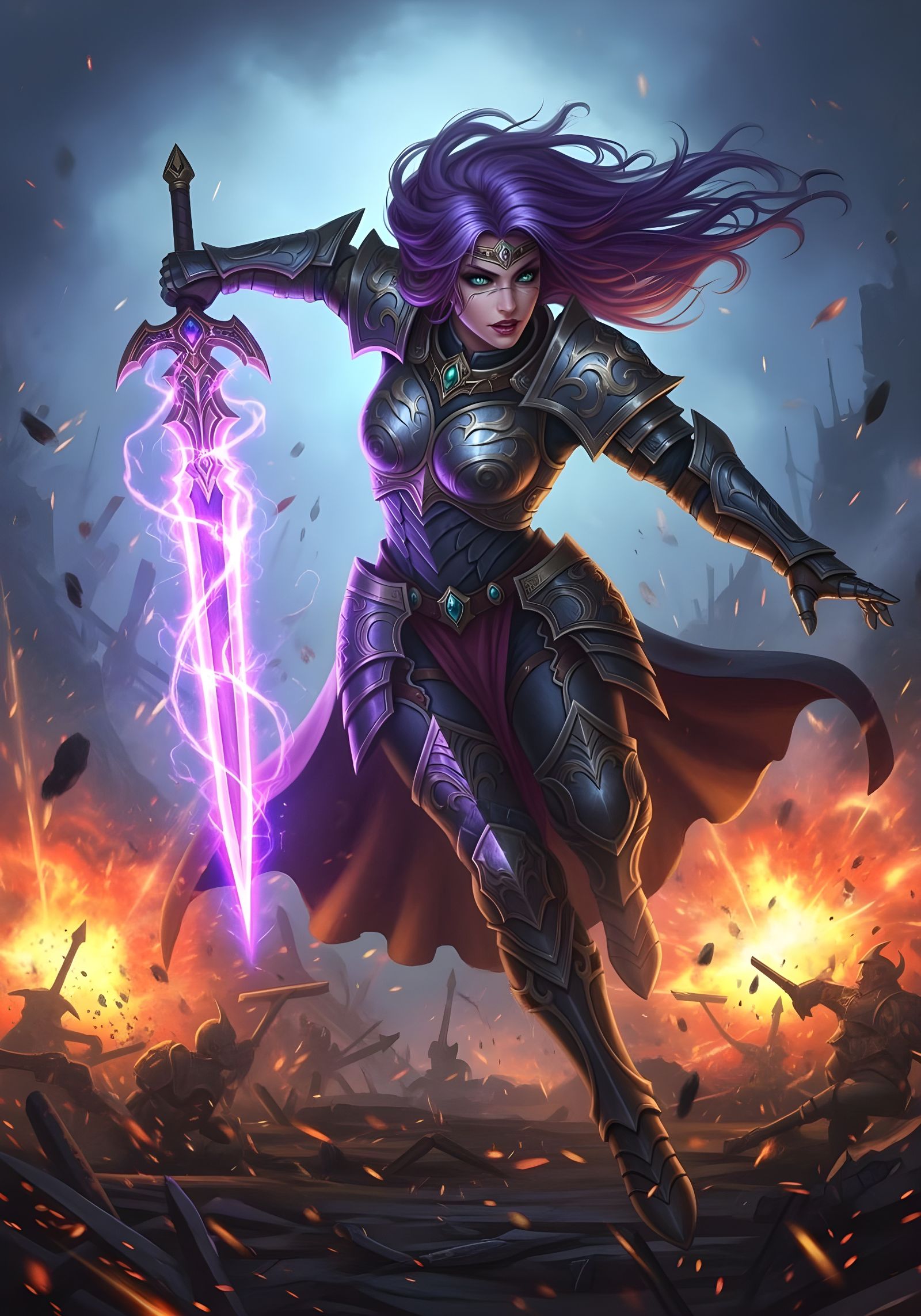 Warrior Princess Soaring Through Battlefield with Energy Bla...