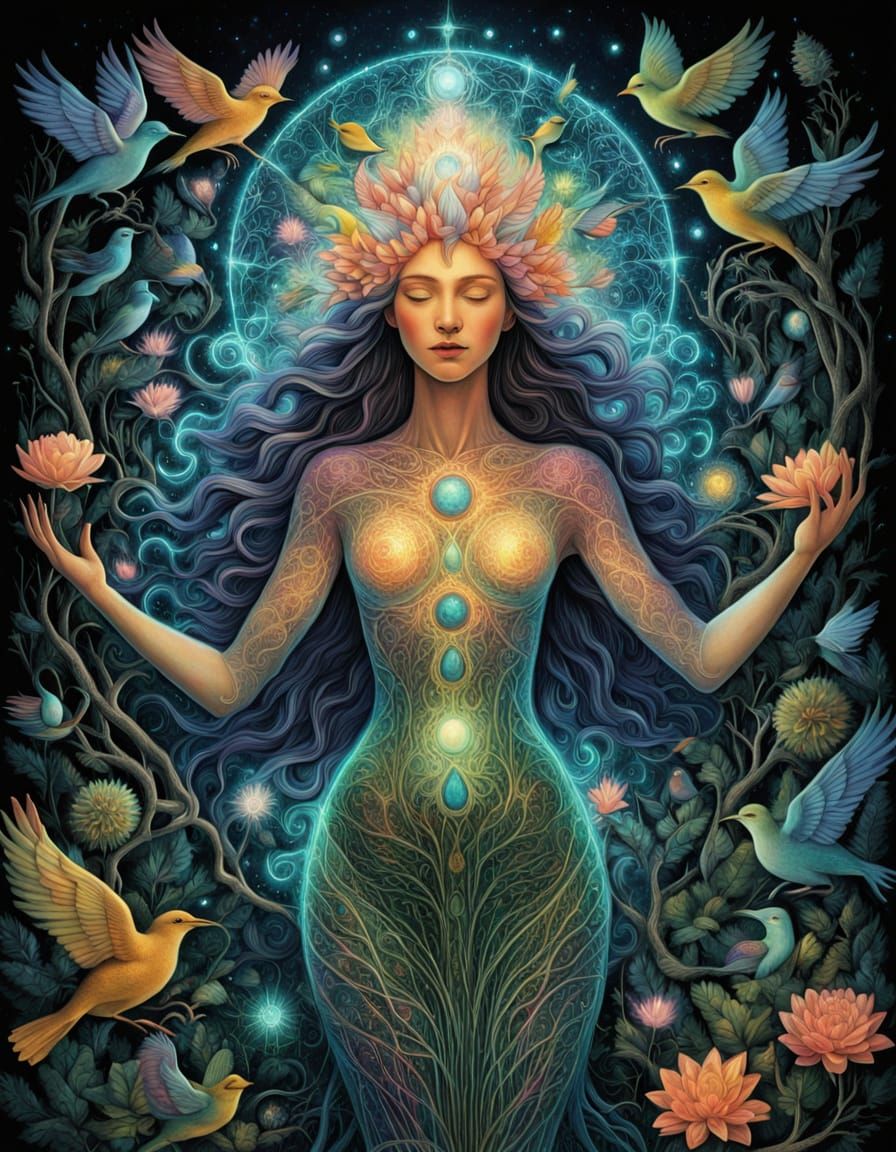 Bioluminescent Goddess in Dreamlike Forest Concept Art