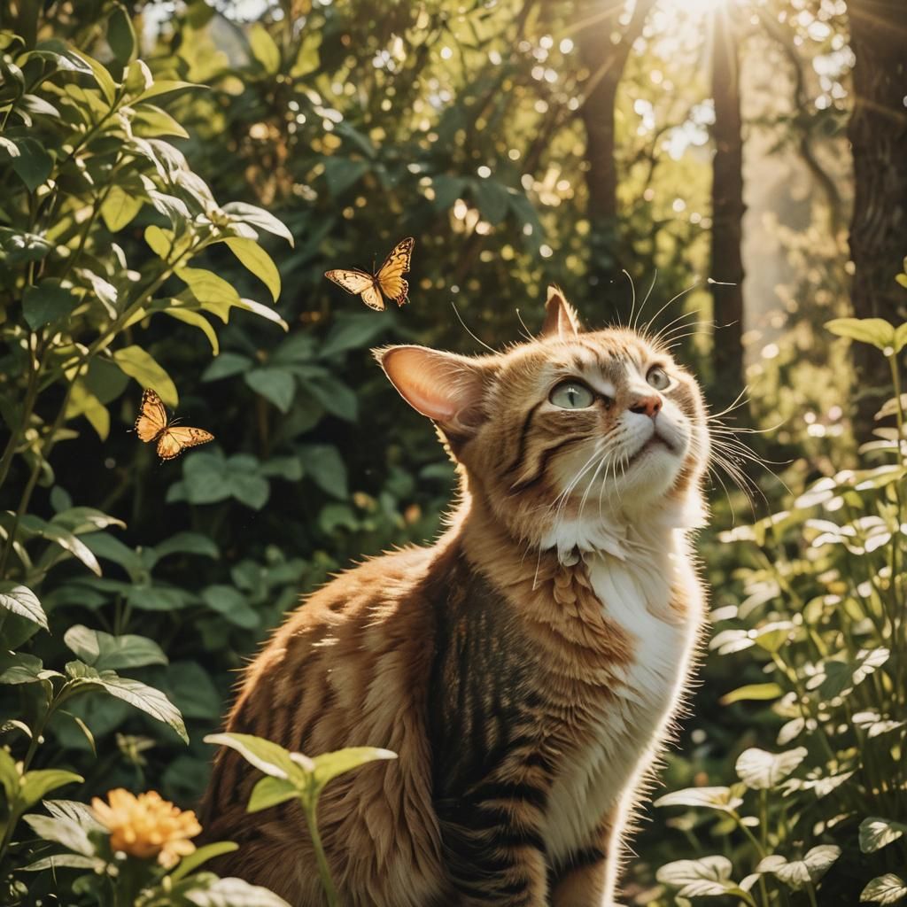 Cat Chasing Butterfly in Sunlit Garden: Cinematic Film Still