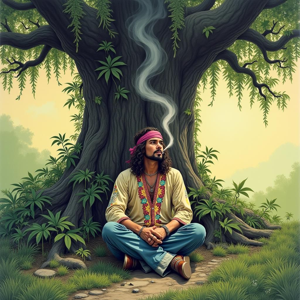 Hippie at Tree of Life in Charcoal Style
