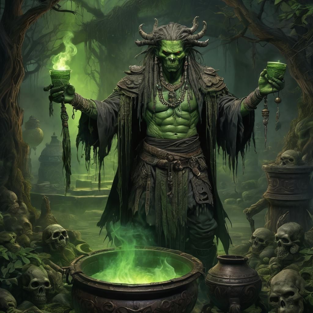 High Fantasy Witch Doctor with Glowing Cauldron