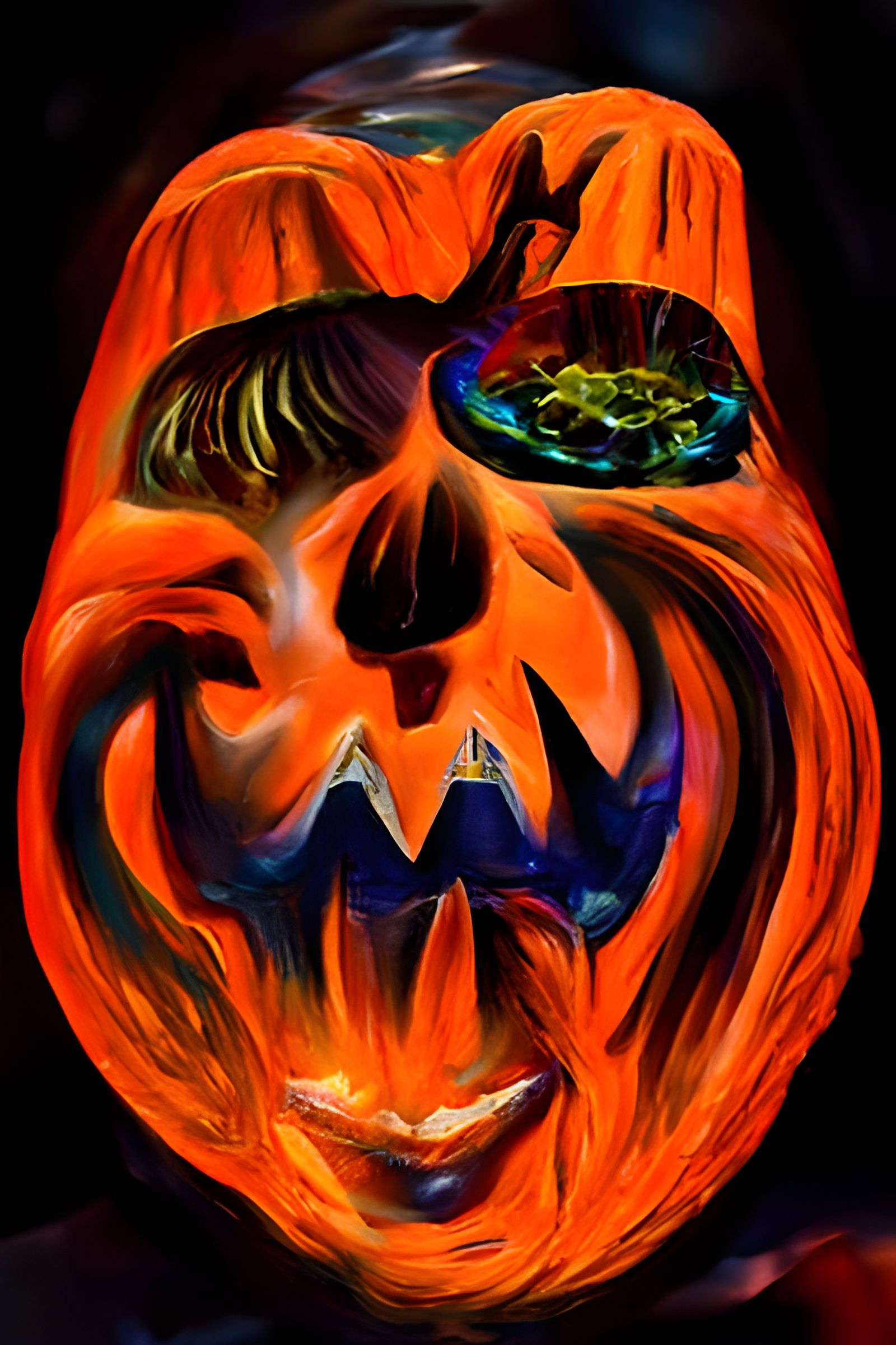Halloween Scary Pumpkin Head oil painting by James Gurney 8k resolution holographic astral cosmic illustration mixed med...