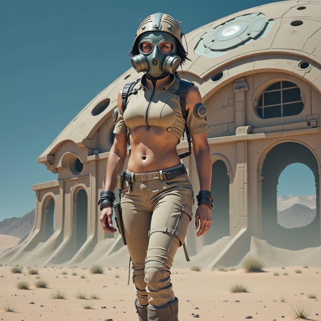 Female Survivor in Desert Wasteland with Futuristic Building