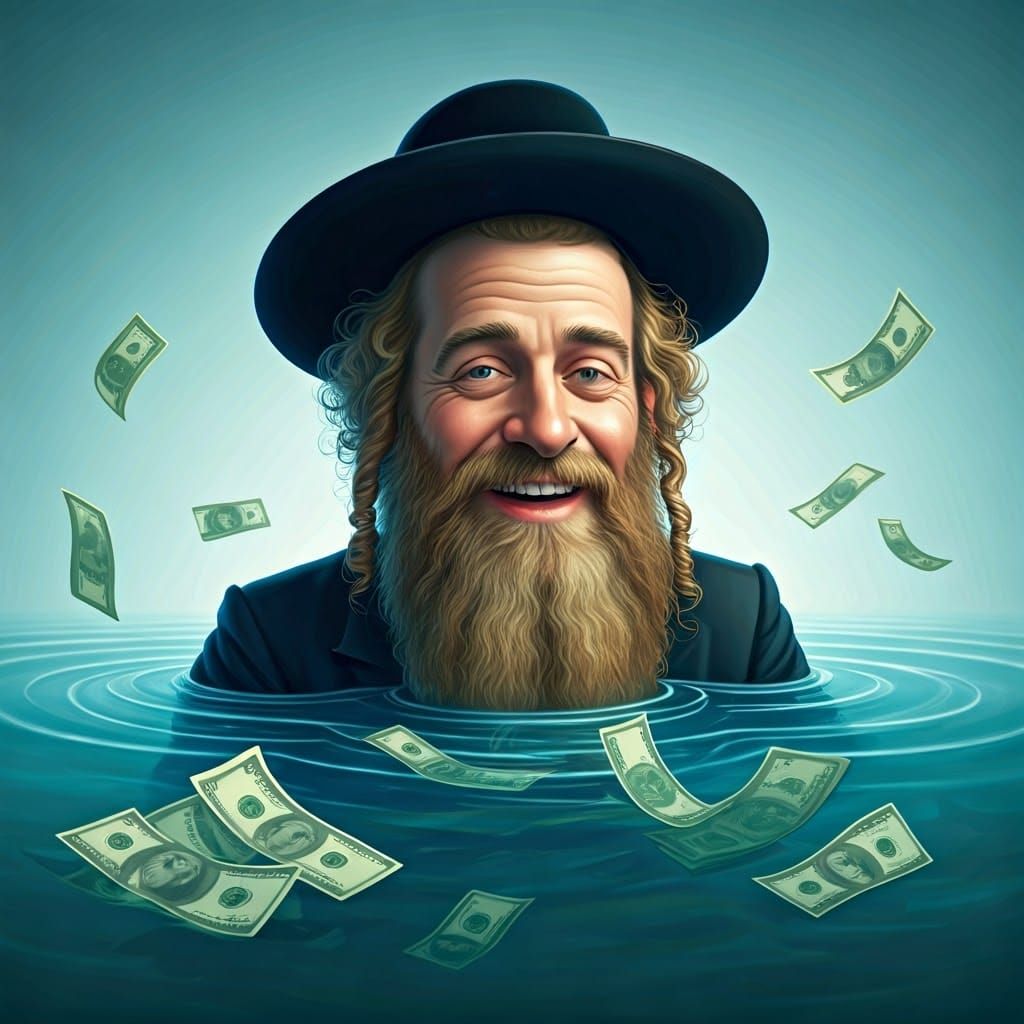 Orthodox Man Swimming in Cash, Satirical Illustration