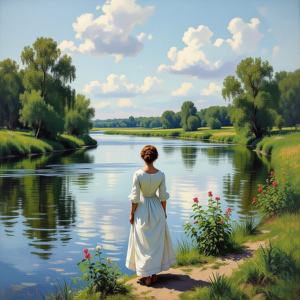 Serene Woman by River in Impressionistic Style