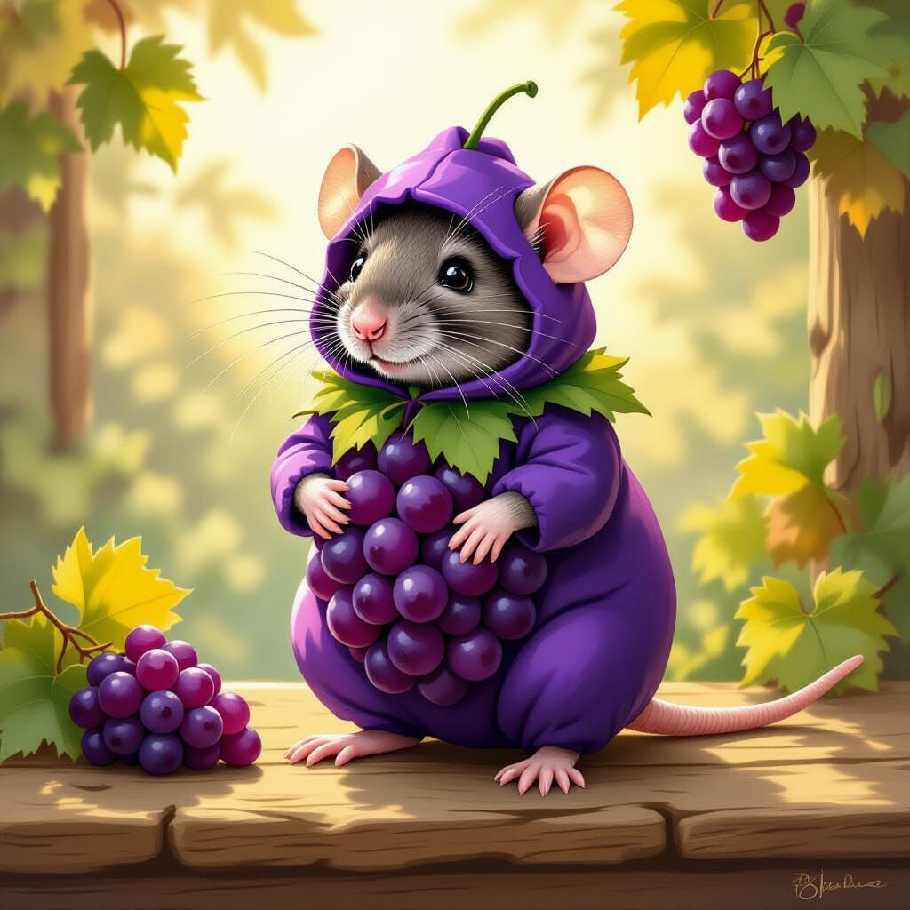 Whimsical Rat in Grape Costume Storybook Illustration