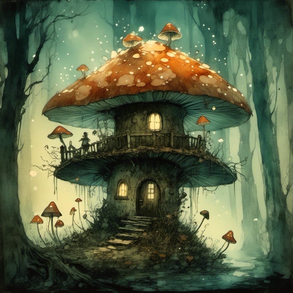 Fairy Mushroom House in Bioluminescent Forest