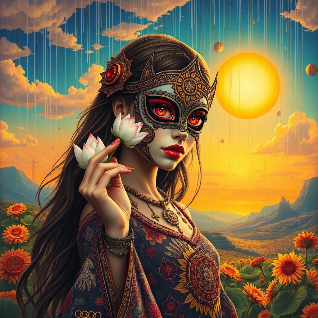 Bohemian Girl in Surreal Landscape with Occult Symbols
