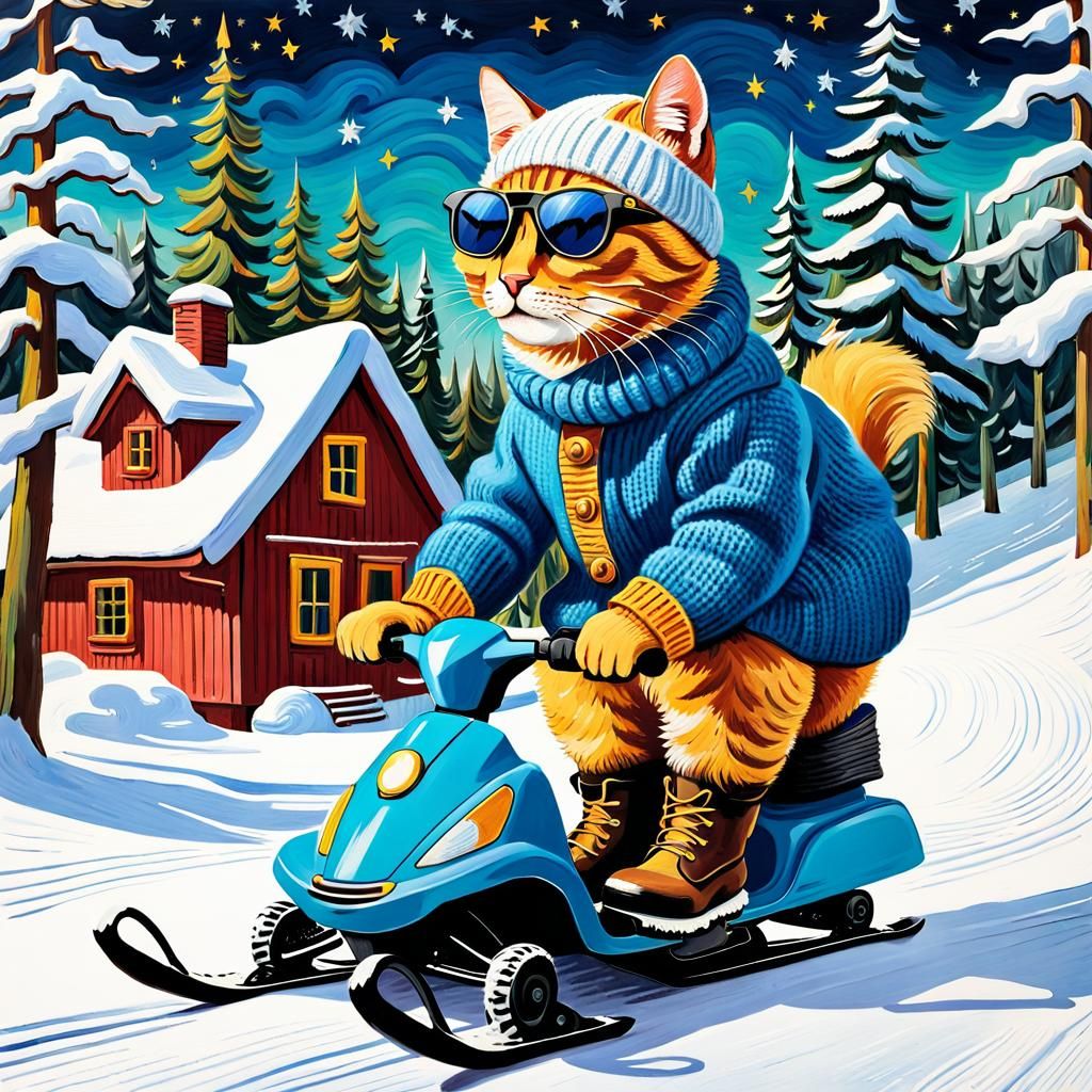Cat Driving Snowscooter