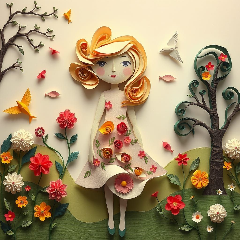 Paper Woman in Dreamlike Garden as Papercraft