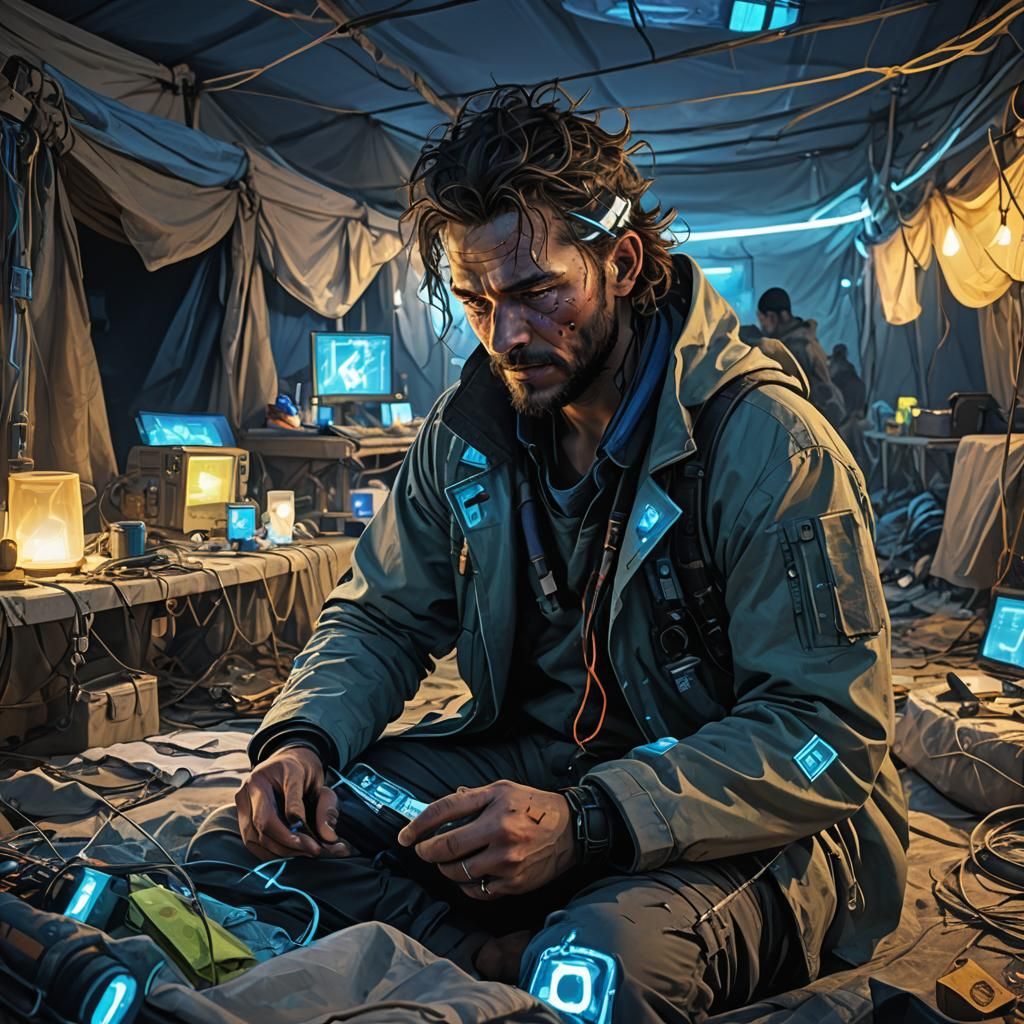 Cyberpunk Field Hospital: Neon-Infused Nomad Camp
