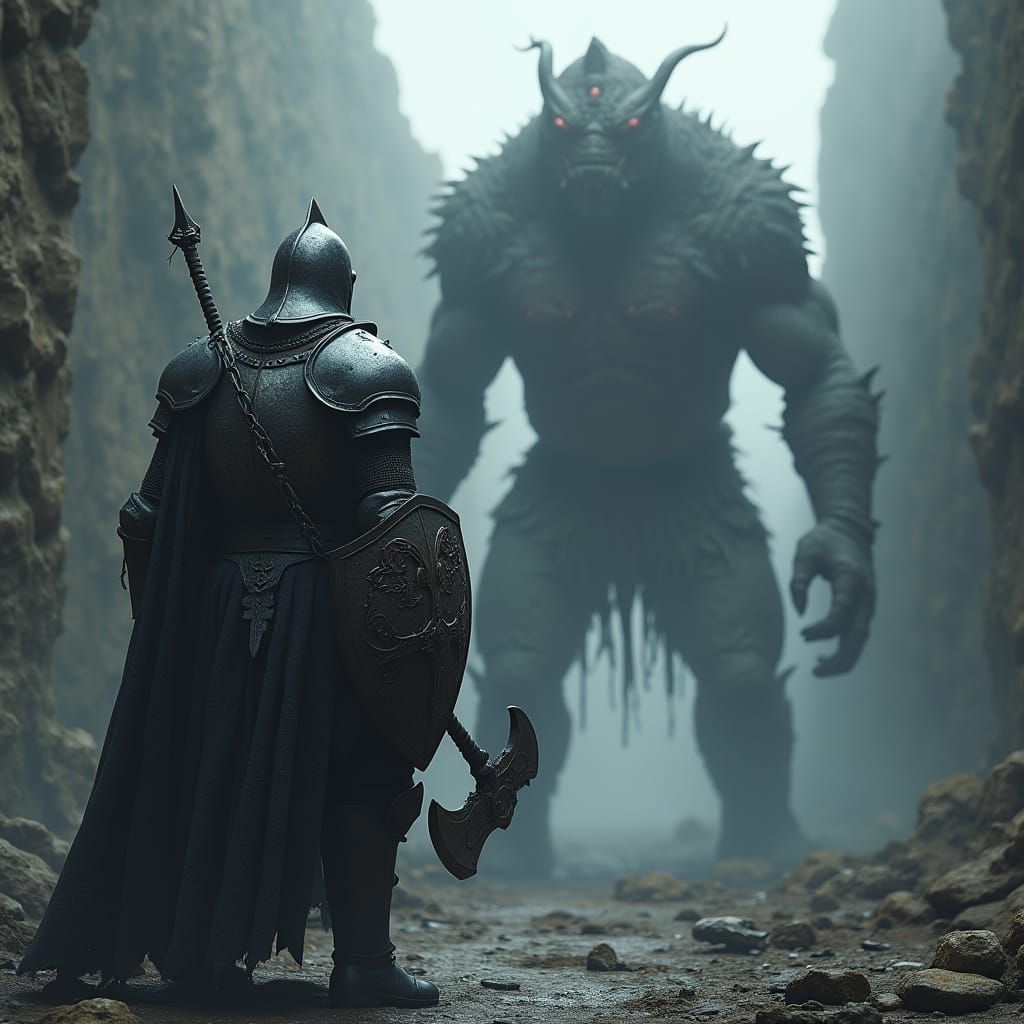 Knight Battles Demon in Fortress Ruins Souls-like Style