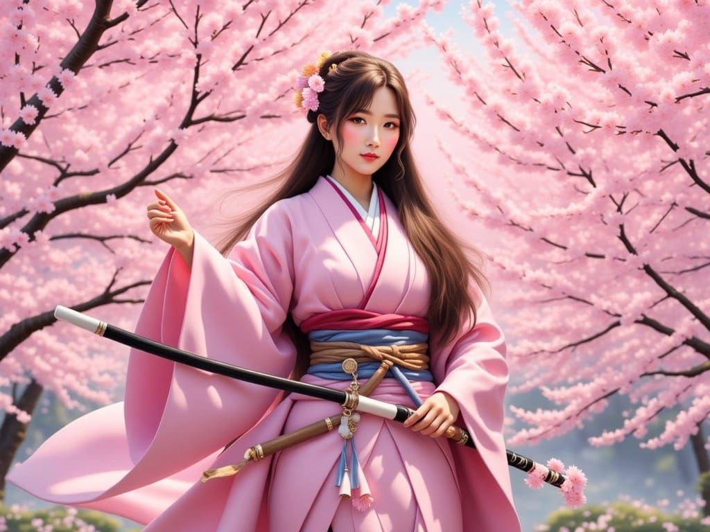Beautiful Anime Woman Wields Katana Under Cherry Blossoms in...
