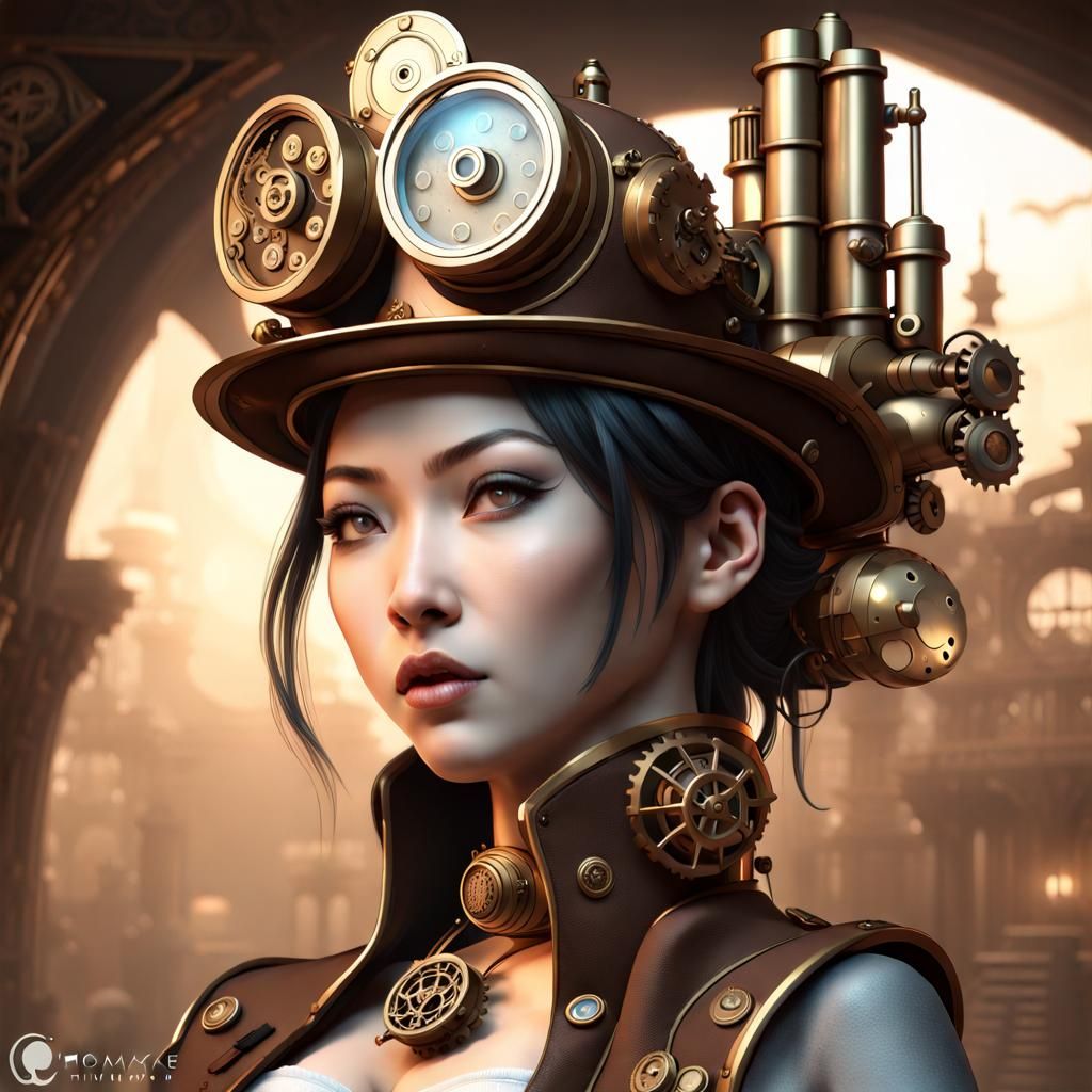 Asian Steampunk Woman Portrait in Ethereal Style