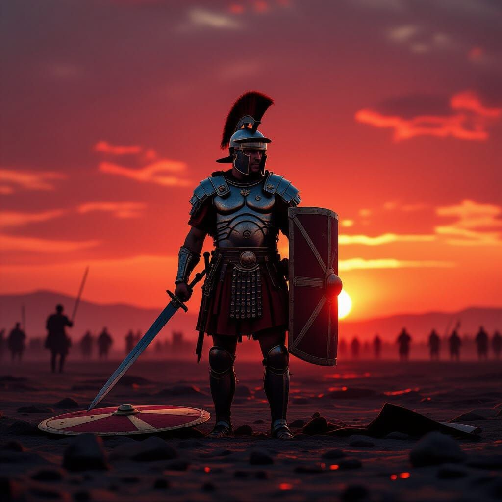Lone Roman Centurion on Battlefield at Sunset
