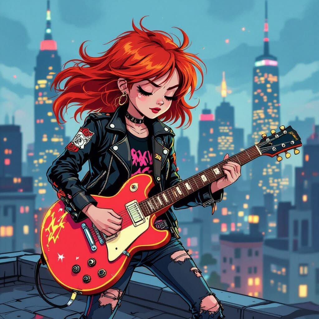 Cartoon Girl Shredding Guitar on Rooftop in Comic Style