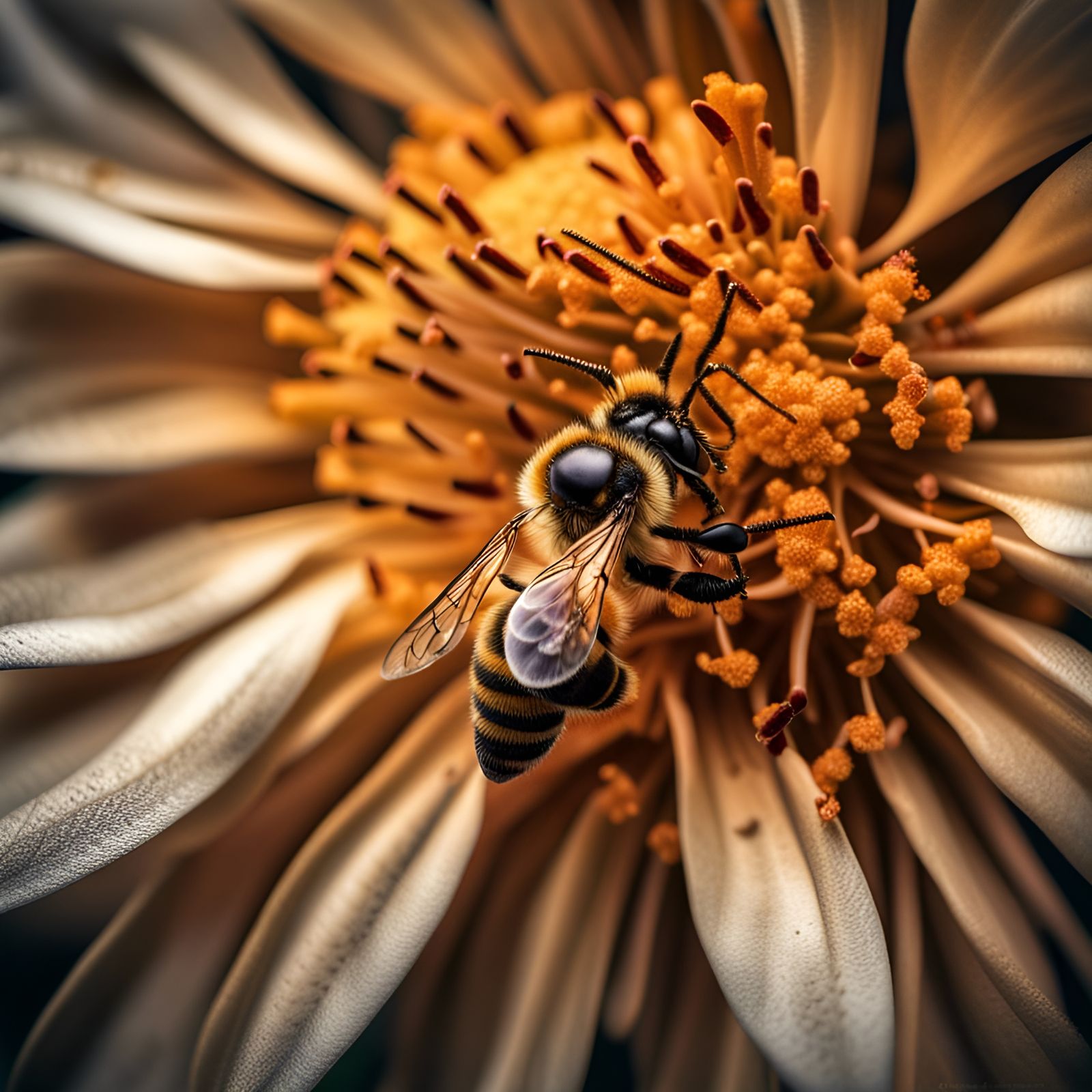 Honey Bee on Flower: Hyperrealistic Close-Up