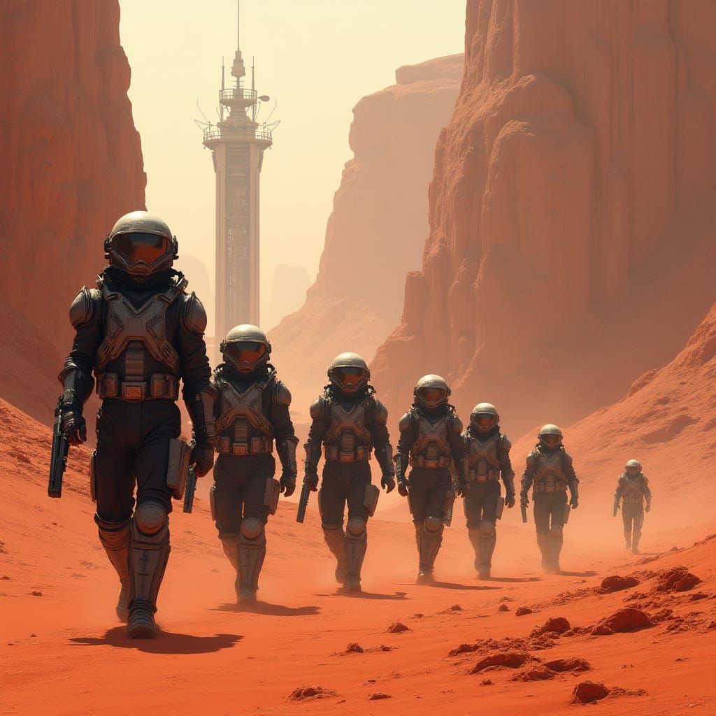 Armored Figures Patrol Red Desert in Sci-Fi Landscape