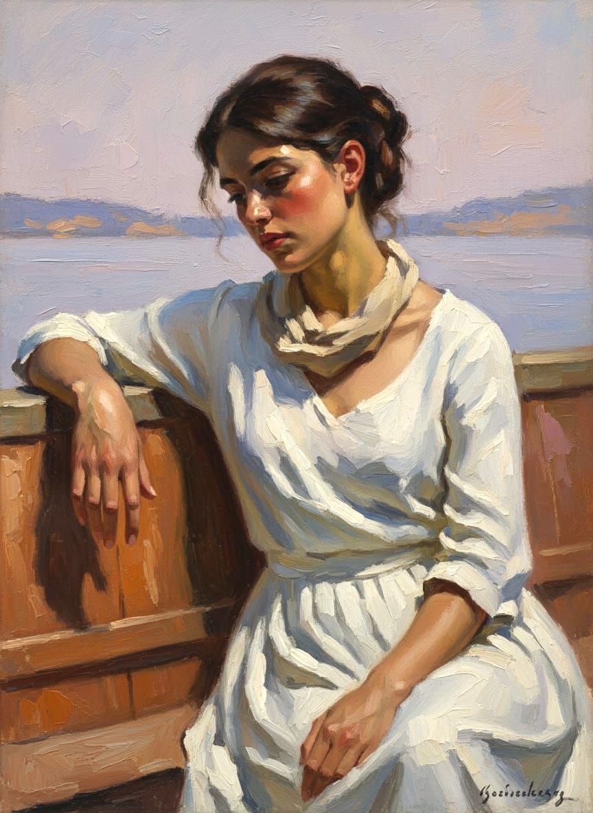 Pensive Young Woman in Impressionistic Oil Painting