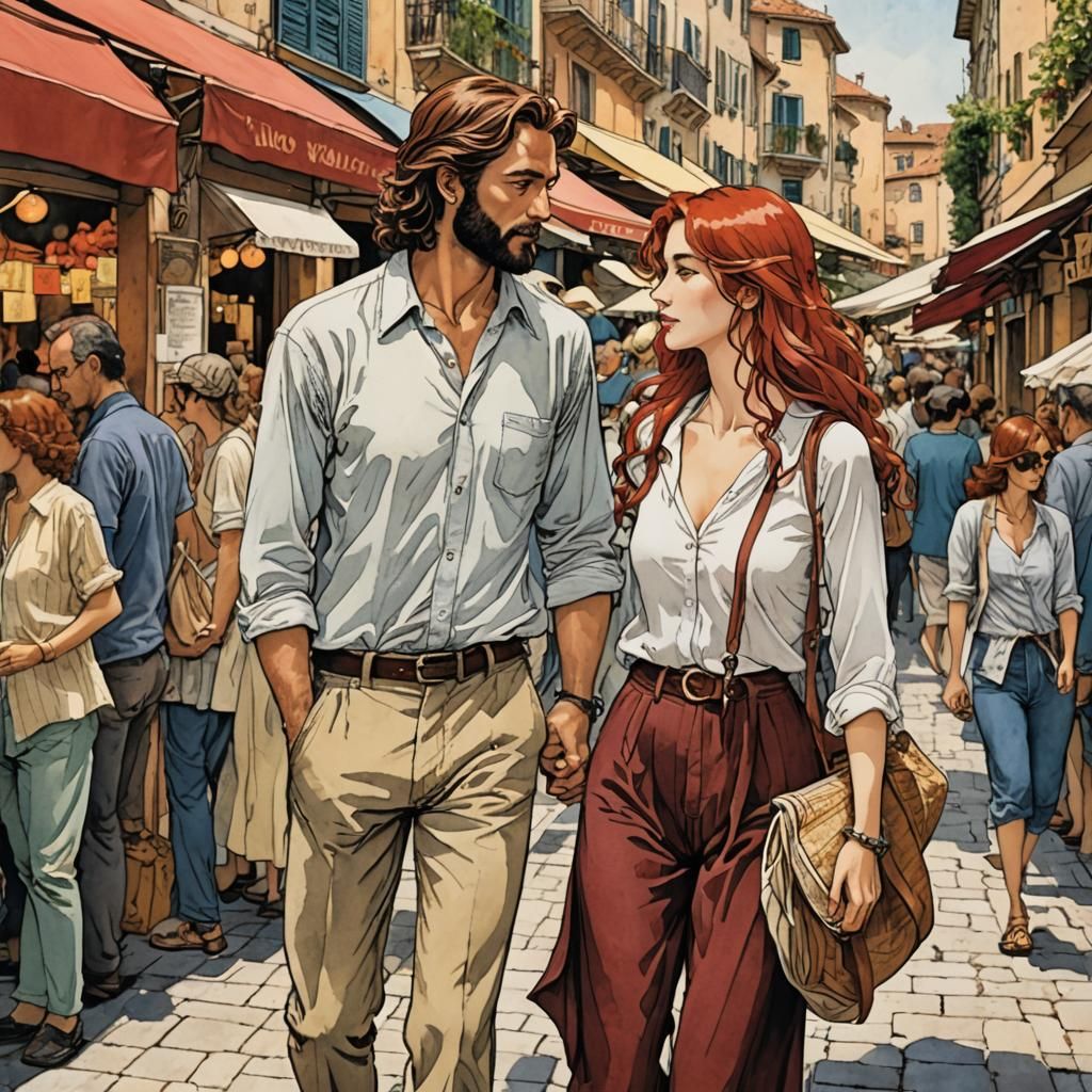 Romantic Couple in Colorful Market, Bande Dessinée Style