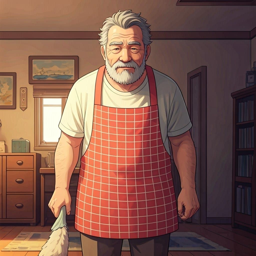 Cozy Apartment: Elderly Man Cleaning in Manga Style