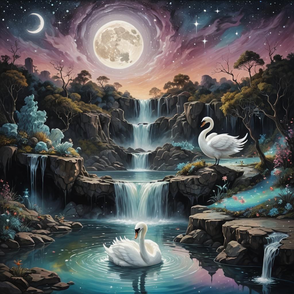 Mystical Waterfall with Swan in Encaustic Wax Style