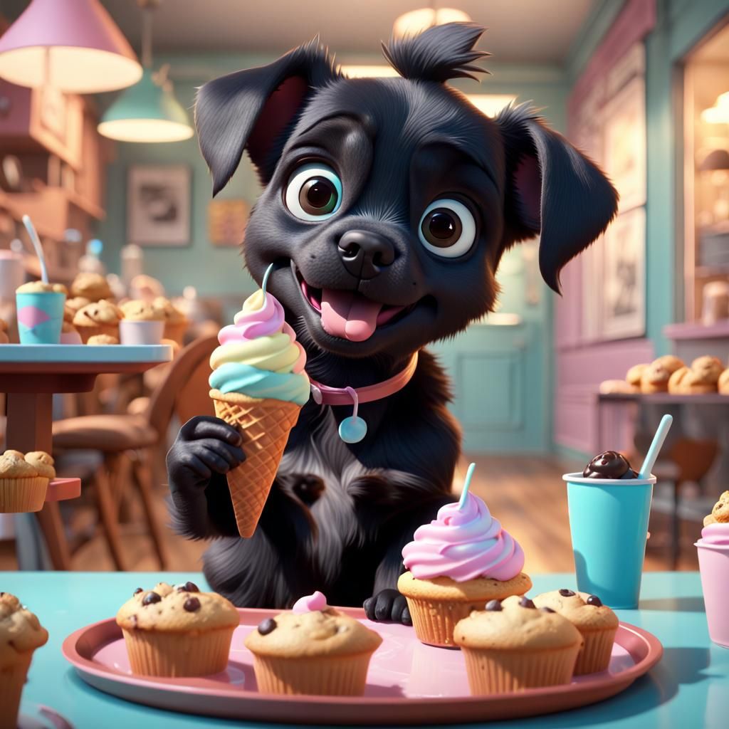 Cute Puppy Eats Ice Cream: Pixar-Style 3D Render