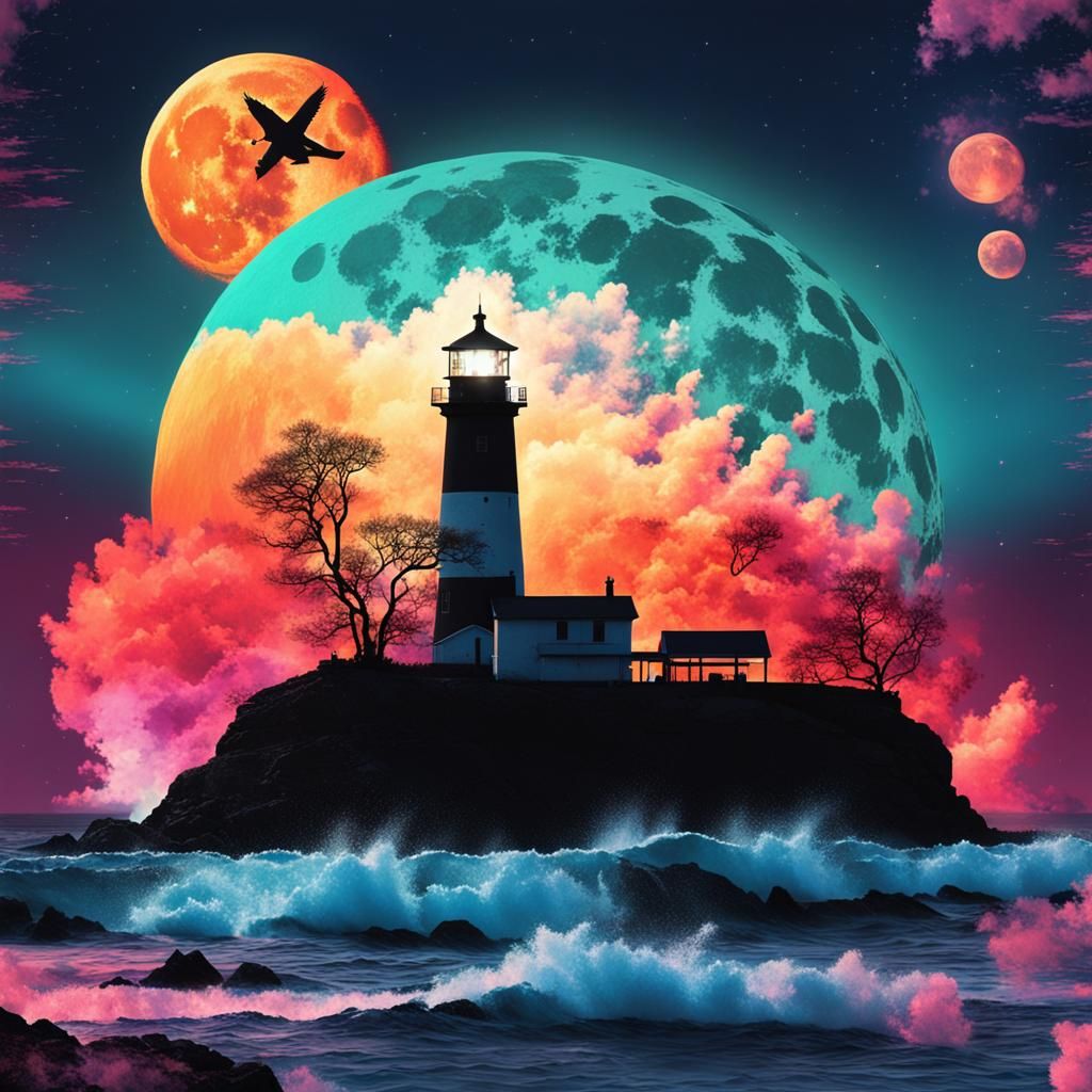 Pop Art Lighthouse Silhouette with Glowing Moon