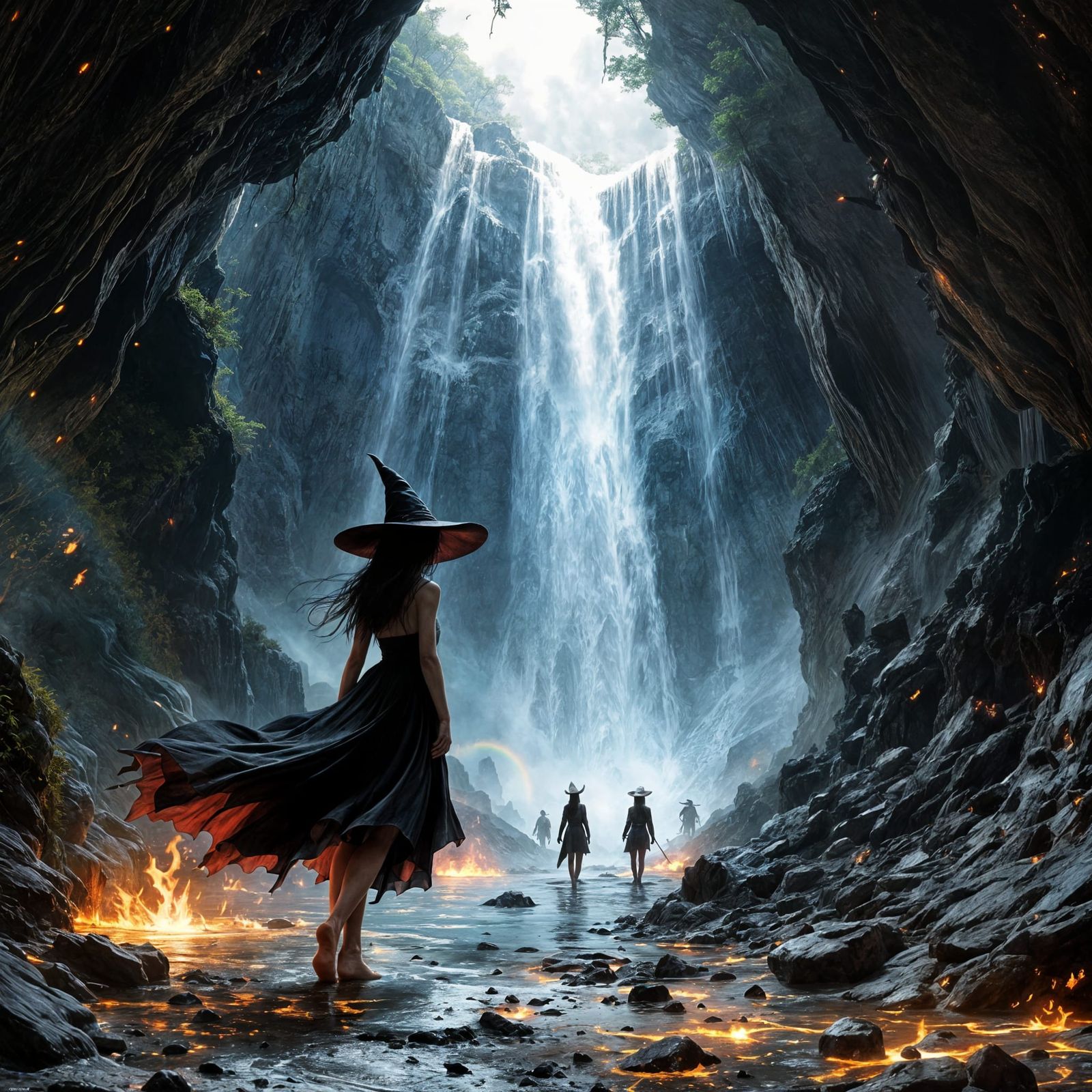 Witch at Waterfall in Hell: Fantasy Illustration