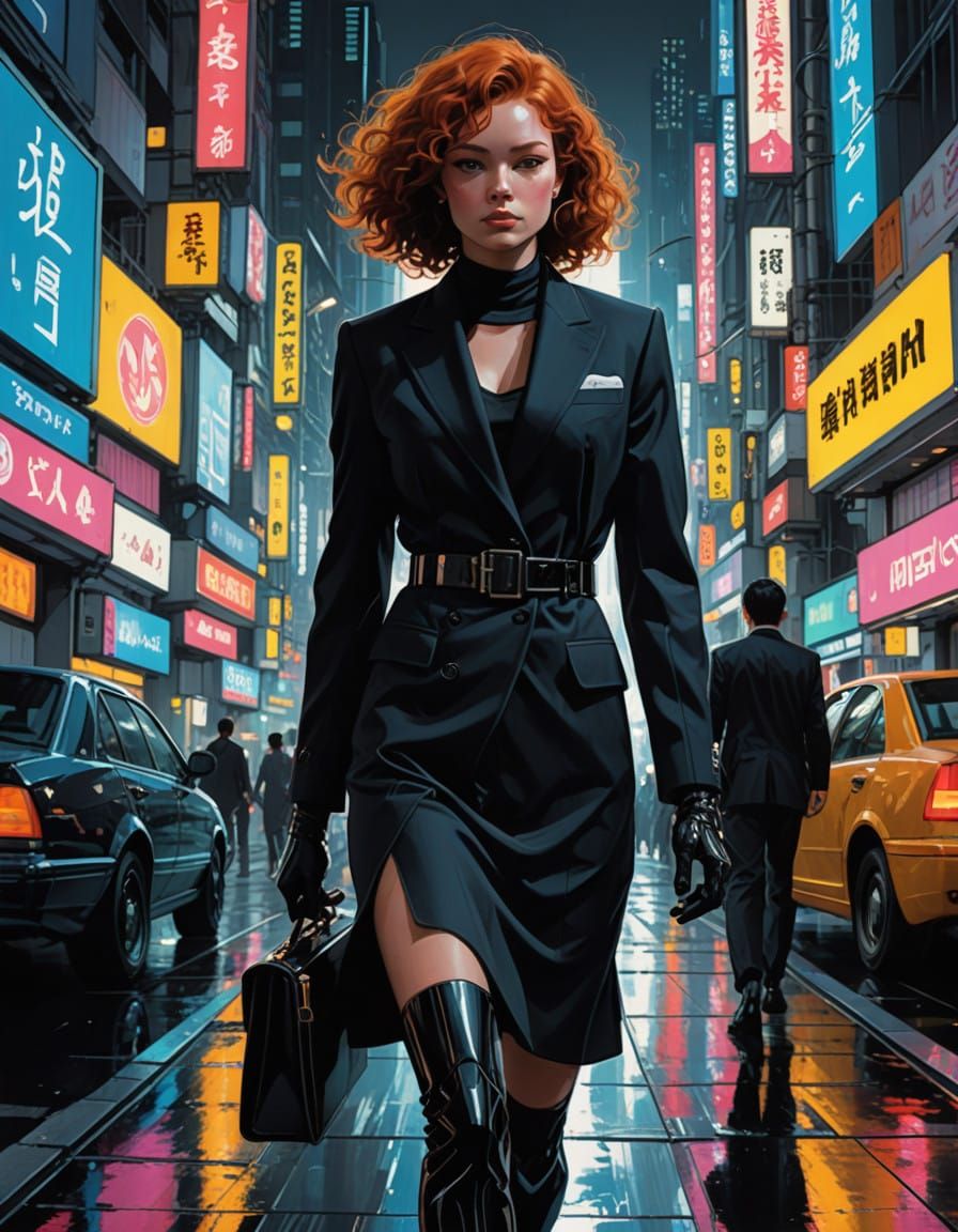 Redheaded Executive Strides Through Tokyo's Neon Streets