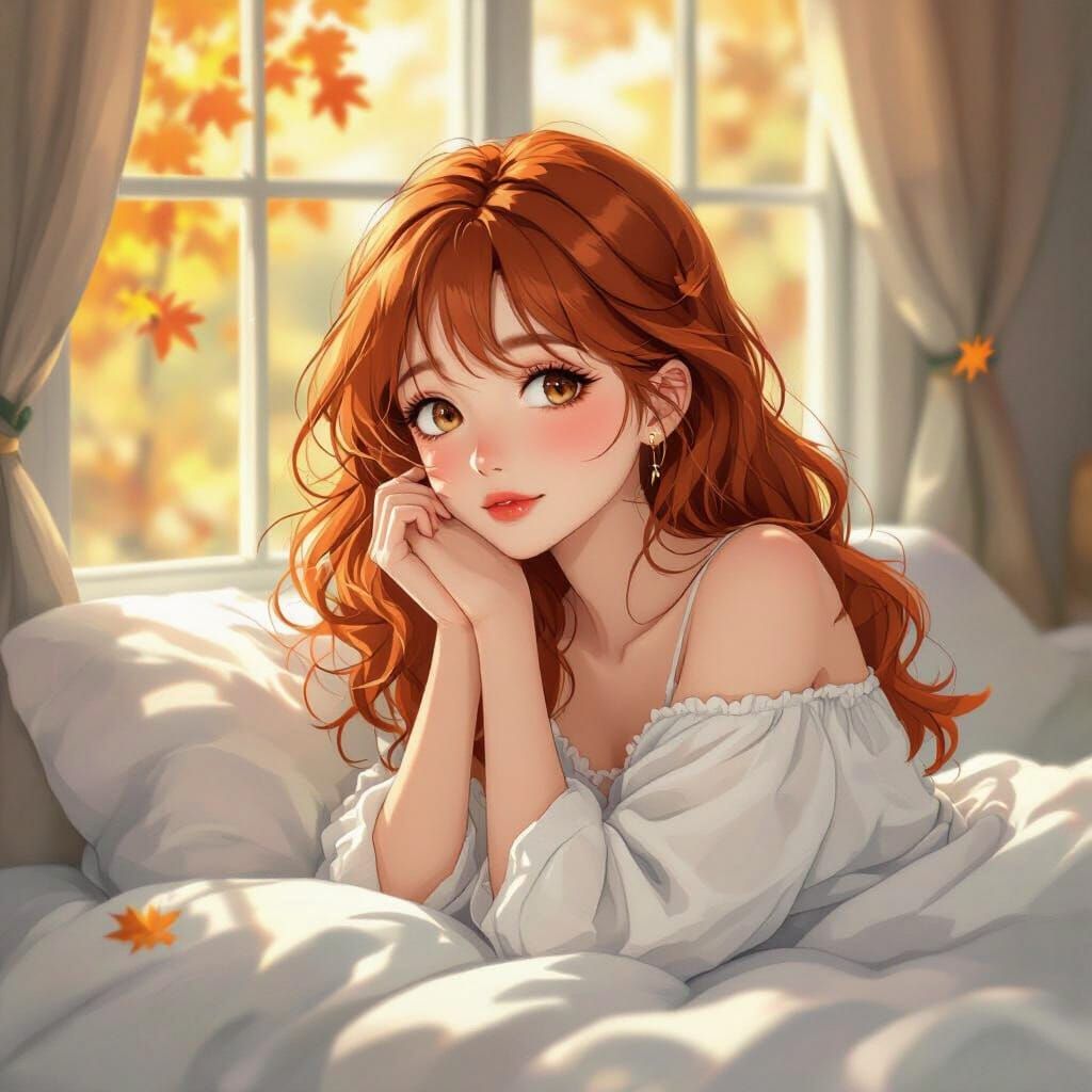 Serene Morning Anime Illustration of Woman in Bed