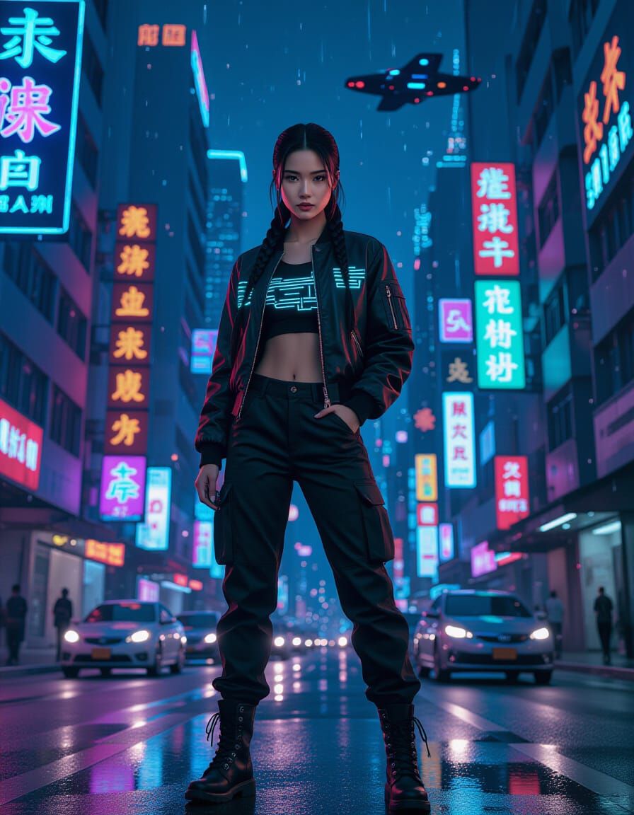 Cyberpunk Bangkok: Confident Woman in Neon Cityscape