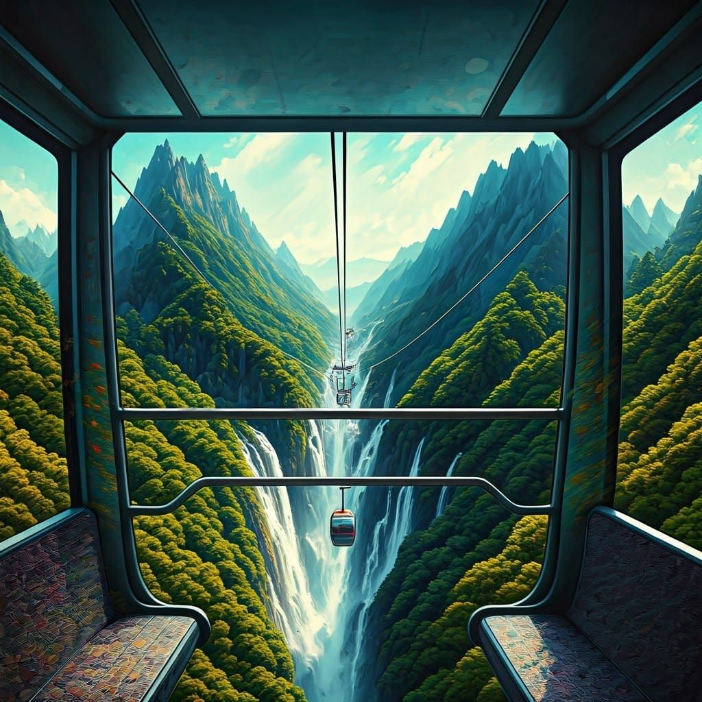 Surreal Cable Car Journey Through Vibrant Mountains
