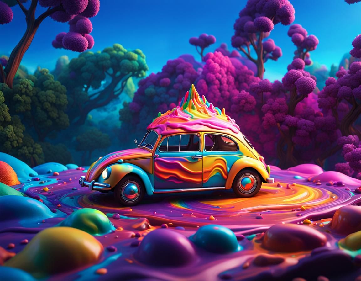 Psychedelic Blob Cake on Car, Hyperrealistic 3D Art