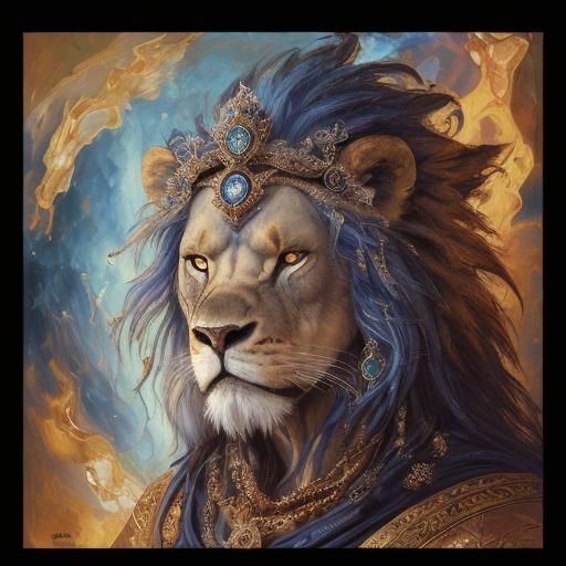 Furious Indigo Lion God in Expressionist Oil Painting