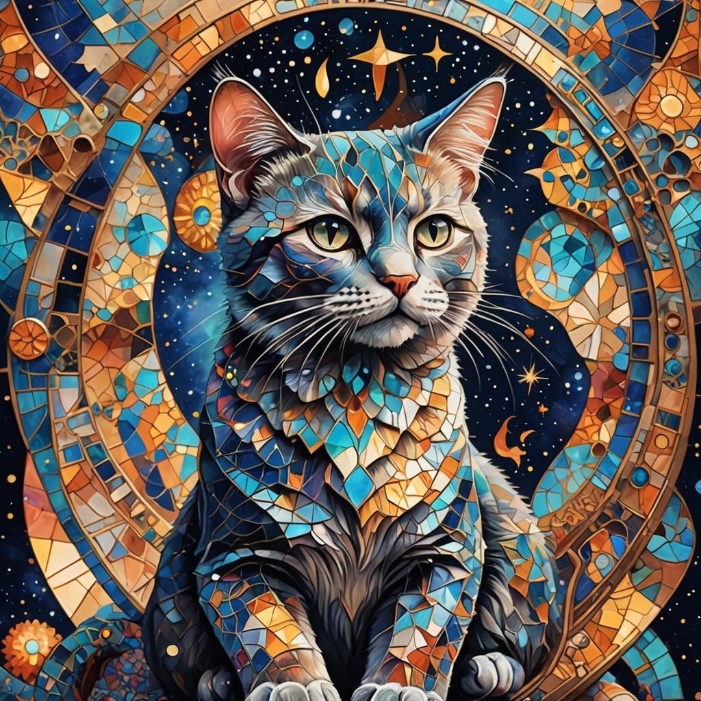 Cosmic Cat in Style of Visionary Art