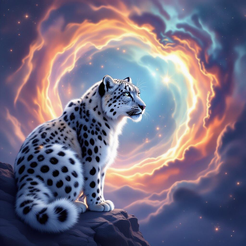 Cosmic Snow Leopard at Nebula Portal