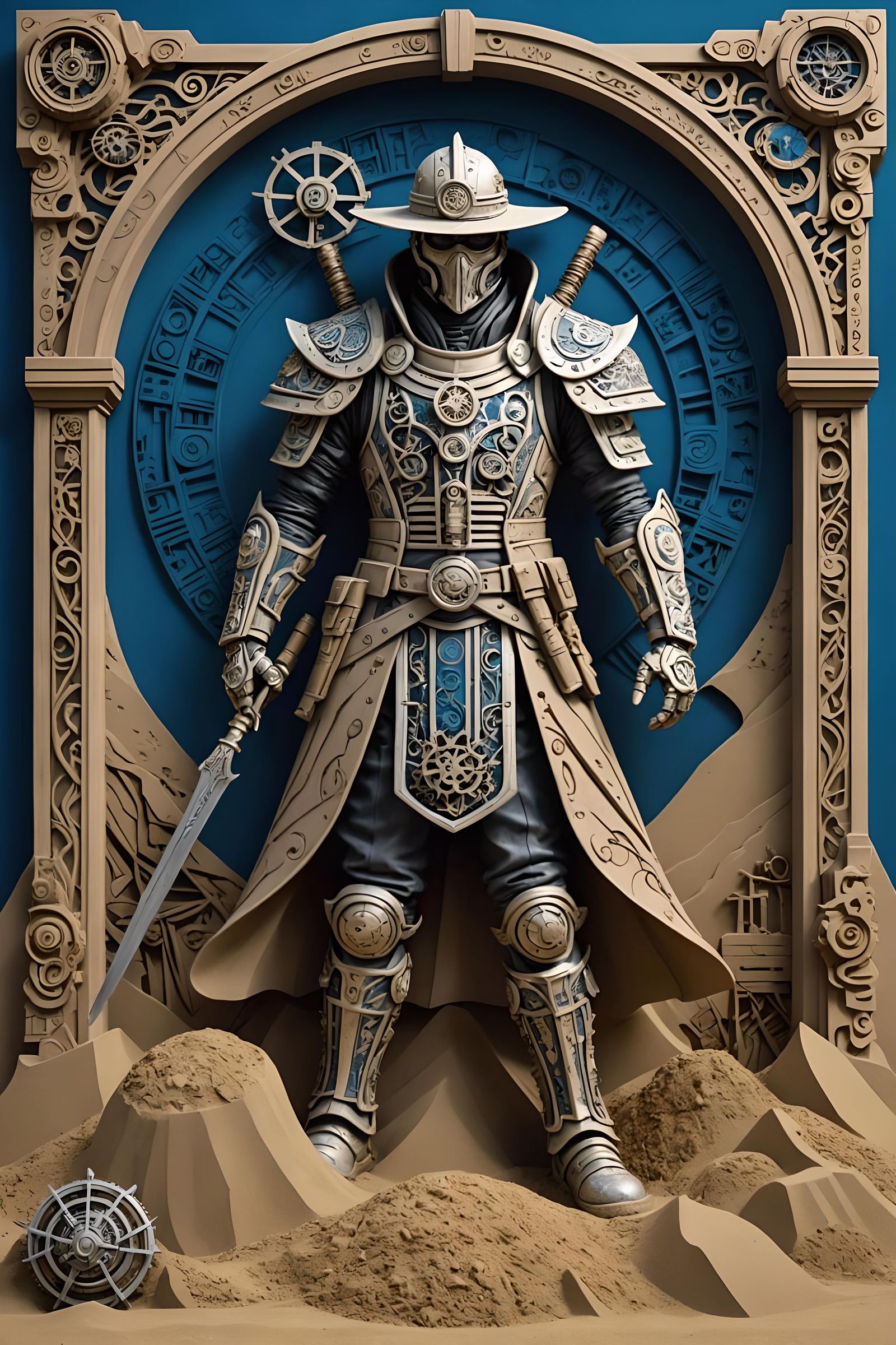 Steampunk Samurai Sand Sculpture in Cyberpunk Style