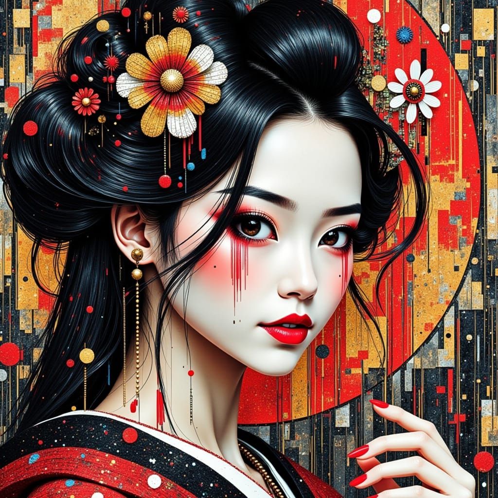Whimsical Geisha in Vibrant Glitch Art