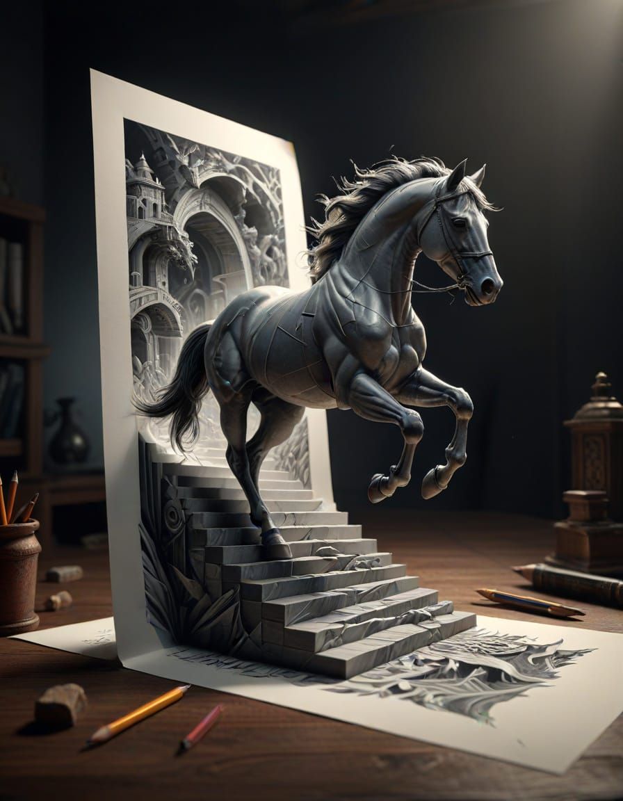 Surreal Hand Draws Horse Escaping Paper