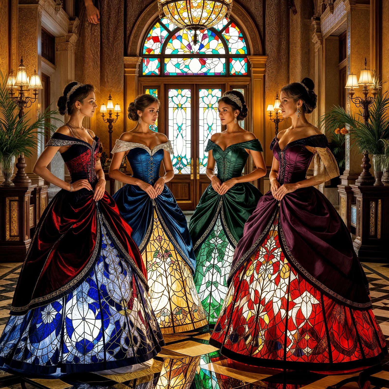 Antebellum Ladies in Tiffany Stained Glass Ball Gowns