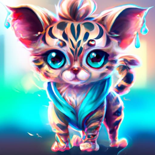 Adorable Chibi Kitten Portrait in Neon Style