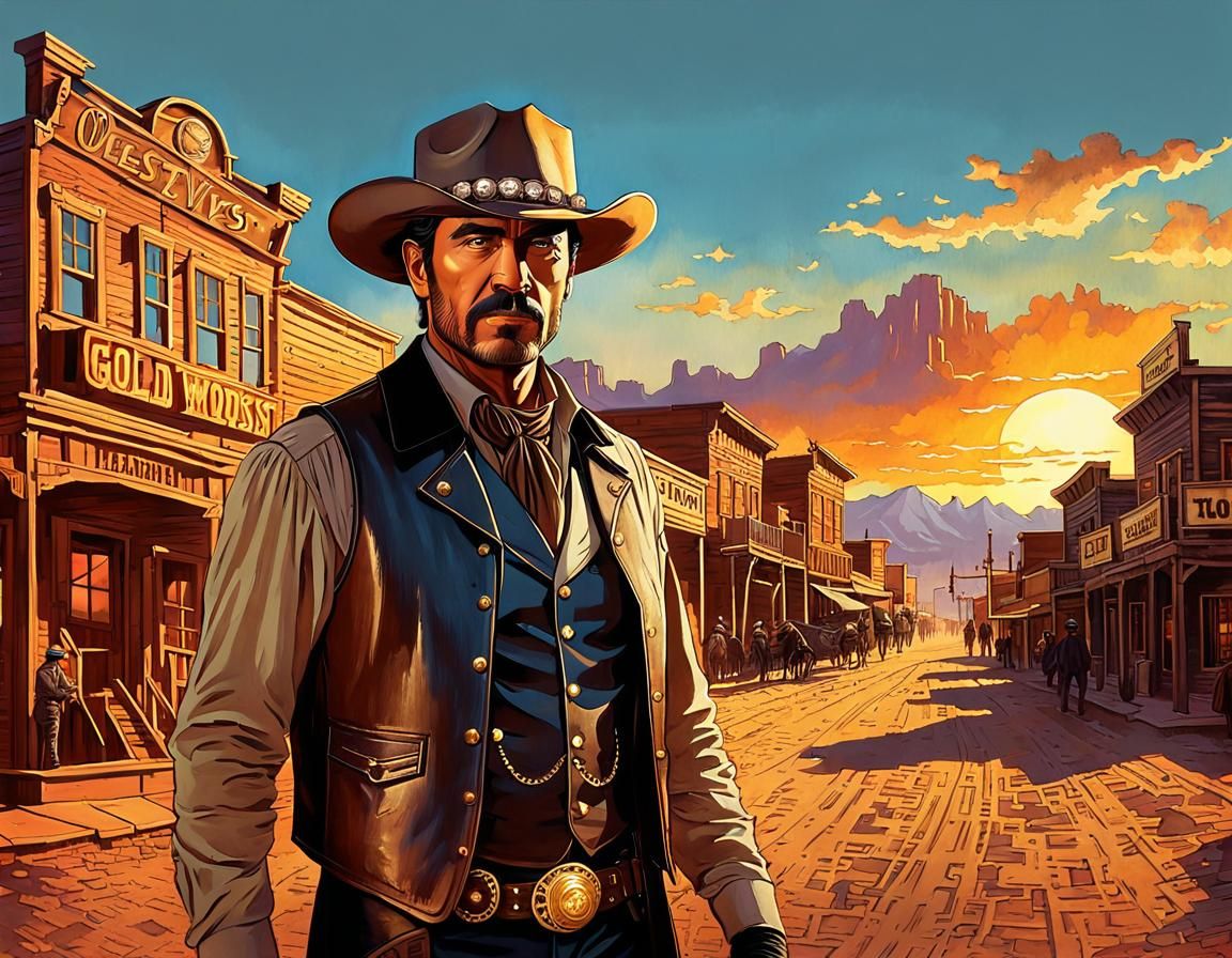 Golden Detective in Old-West Town Watercolor