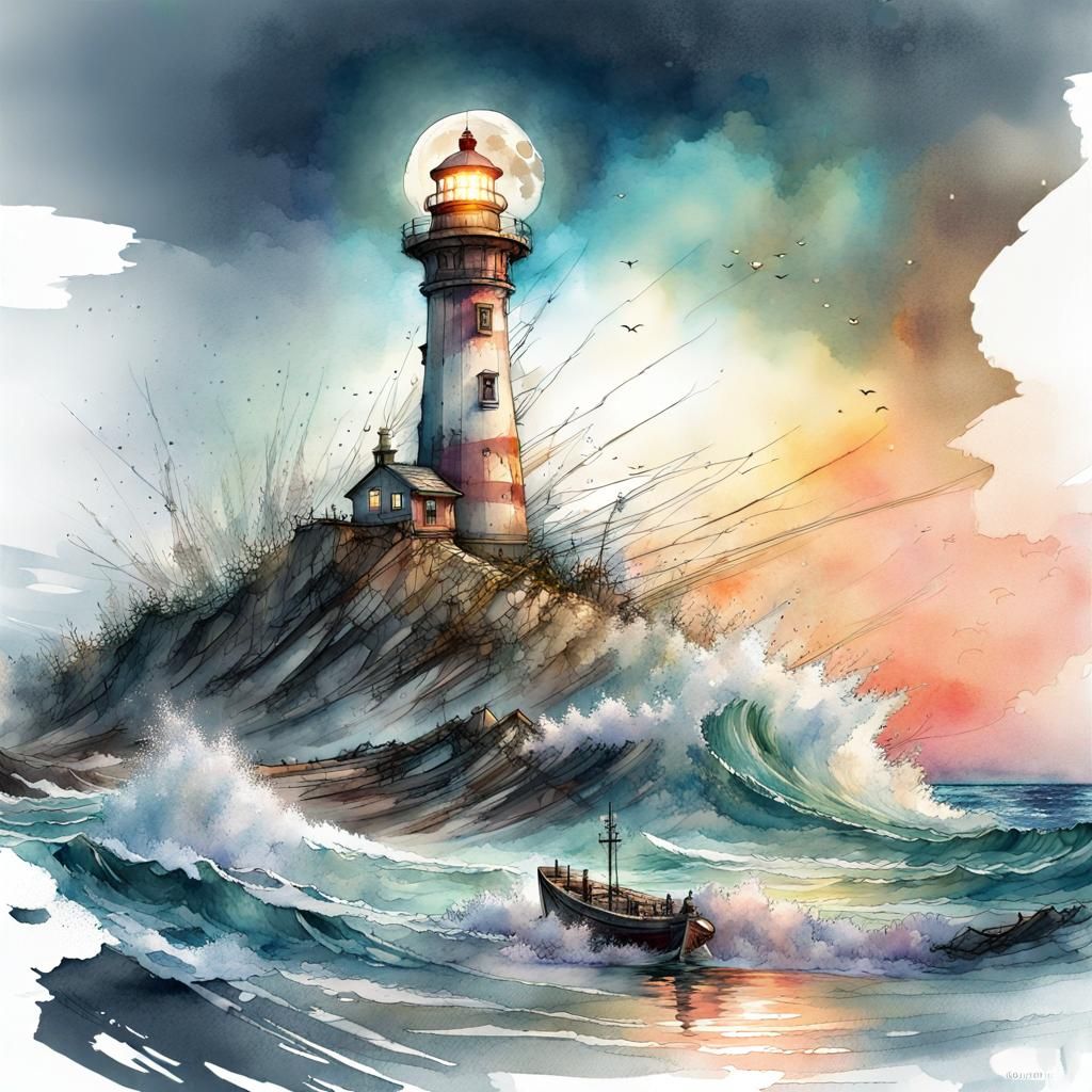 Dramatic Lighthouse Scene in Digital Watercolor