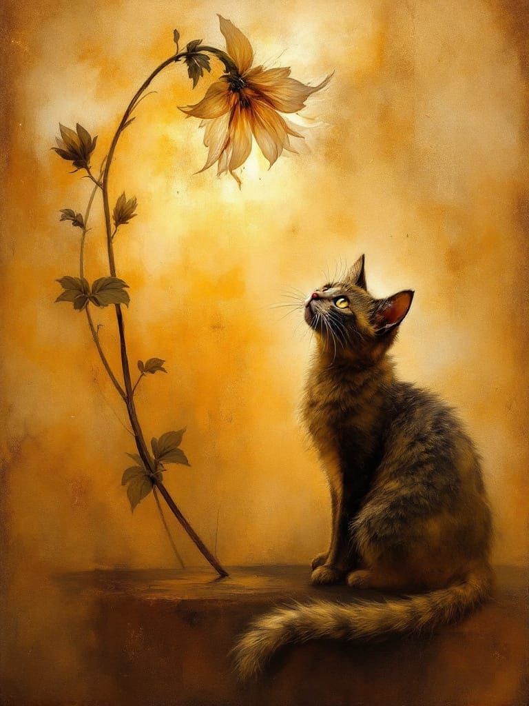 Renaissance Cat and Flower in Luminous Light