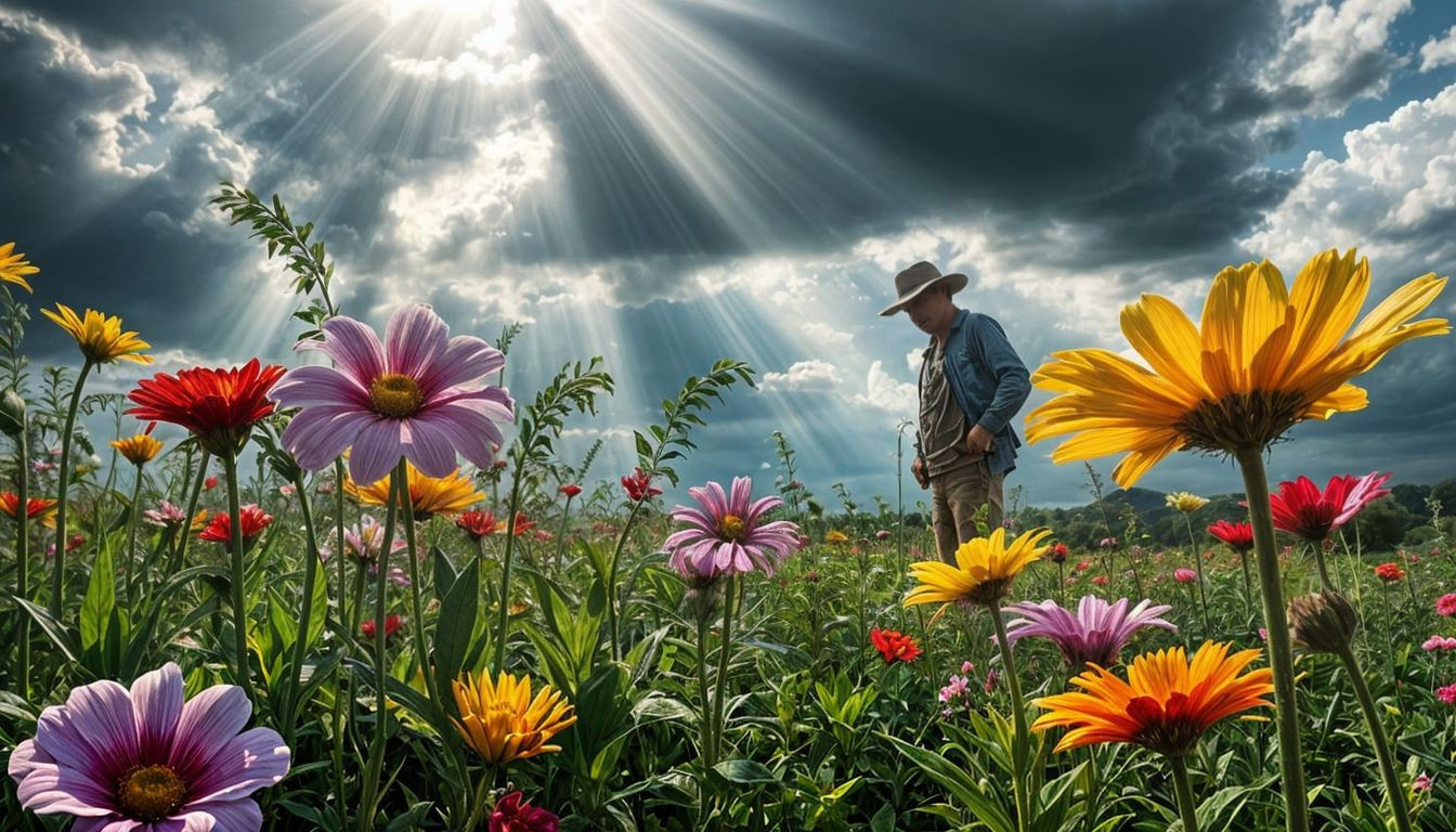 Epic Summer Flowers with Farmer in Low View Godray