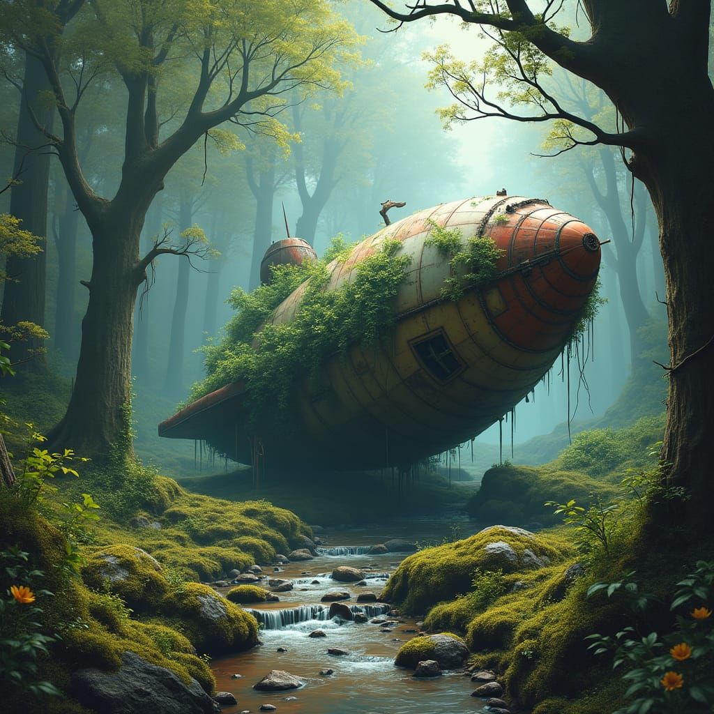 Decaying Spaceship Reclaimed by Nature as Holographic Illust...